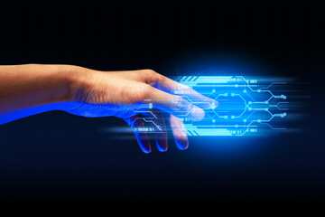 programer people or businessman hand touching interactive to hologram of network technology...