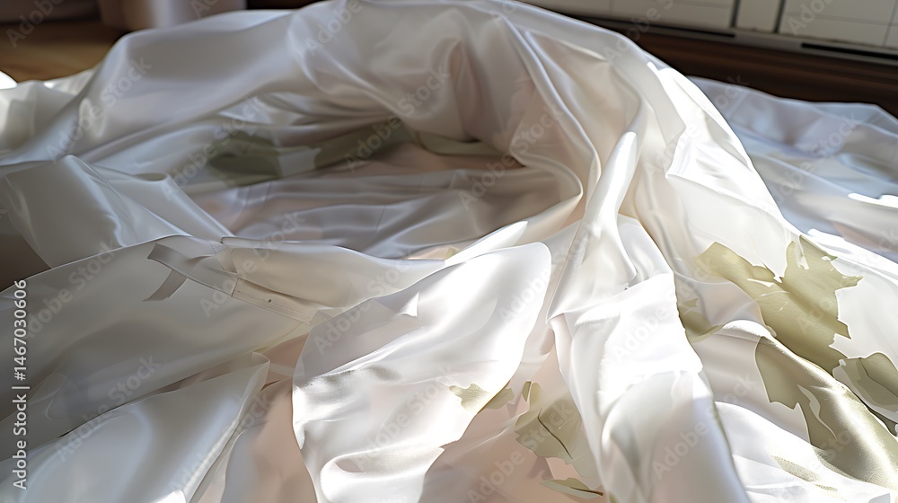 Poster undulating folds of luminous white fabric with hints of floral patterns in gentle light