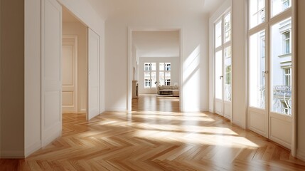 Obraz premium Hallway with natural wood herringbone parquet flooring, minimalistic interior with sunlight streaming through large window and hardwood flooring in living room