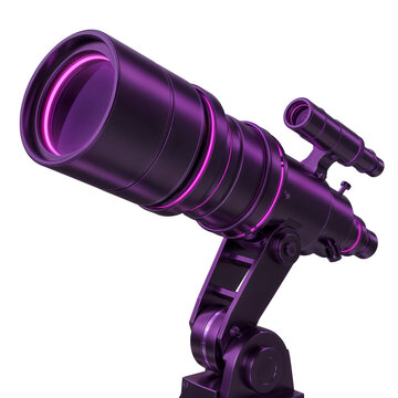 Modernes violettes Teleskop mit futuristischem Design zur Himmelsbeobachtung, isoliert auf wei&szlig;em Hintergrund