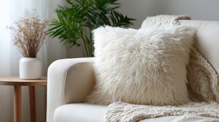 Blank, fluffy pillow on a cream-colored sofa, perfect for lounging or curling up with a good book