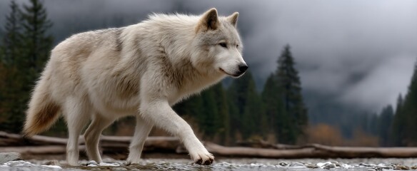 Obraz premium Majestic white wolf strolls through misty forest