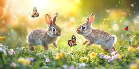 Obraz premium Adorable Bunnies in Spring Meadow Cute Easter Rabbits and Butterflies