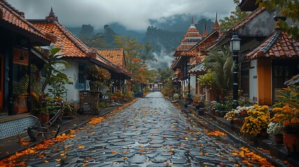 Charming Cobblestone Street in a Misty Mountain Village