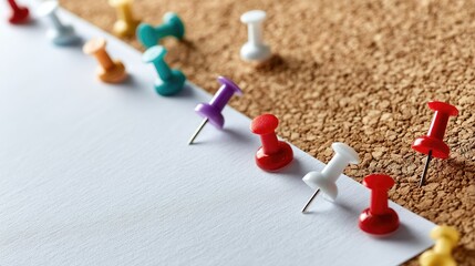 Blank paper notes arranged diagonally on a cork board with vibrant push pins, minimal and organized layout