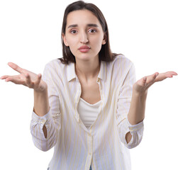 Young beautiful woman with facial expression of surprise standing over white background.