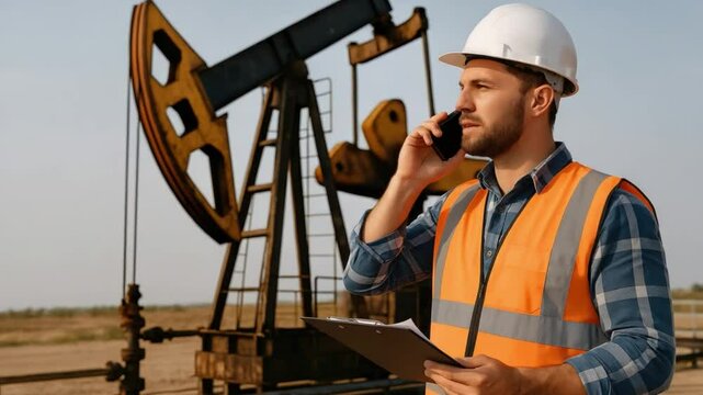 Construction Worker in Safety Gear Using Phone at Oil Rig Site with Pumpjack in Background
