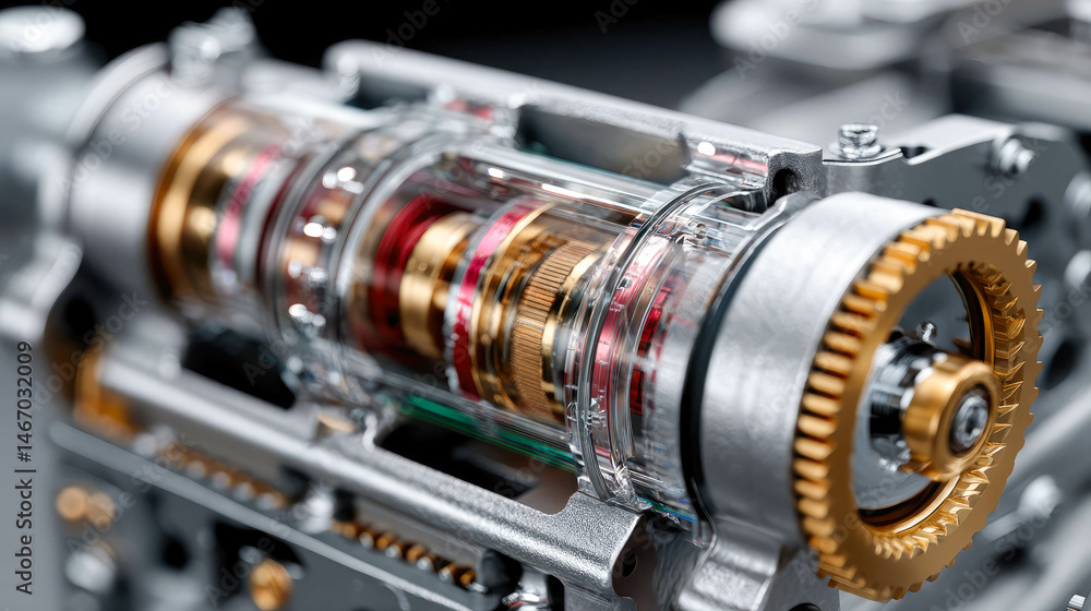 Poster close-up of a high-tech piston mechanism with detailed golden and metallic textures, emphasizing pre