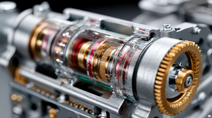 Close-up of a high-tech piston mechanism with detailed golden and metallic textures, emphasizing precision engineering and ignition timing