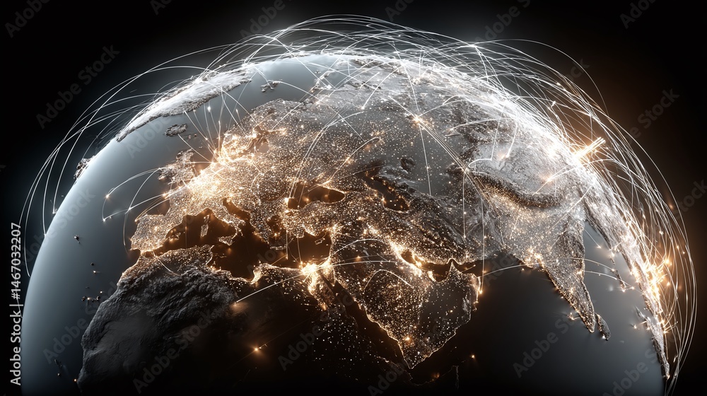 Poster illustration data connection around planet earth. global network connects continents. digital lines 