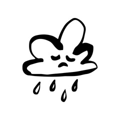 A sad cloud doodle drawing, rain sketch style vector illustration, icon, sticker, black line on a white background