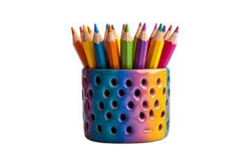 A rainbow-gradient ceramic holder with black holes holds a vibrant array of colored pencils upright, isolated on a transparent background