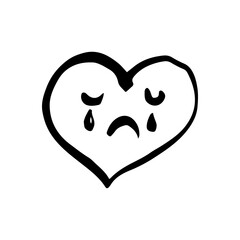 A sad heart is crying, doodle drawing, emotion, icon, sticker, sketch style vector illustration, black line on a white background