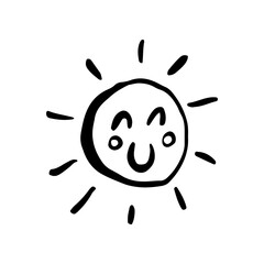 Happy sun is smiling doodle drawing, icon, emotion, sticker, sketch style vector illustration