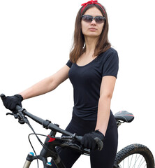 Girl on a mountain bike on offroad, beautiful portrait of a cyclist at sunset, Fitness girl rides a...
