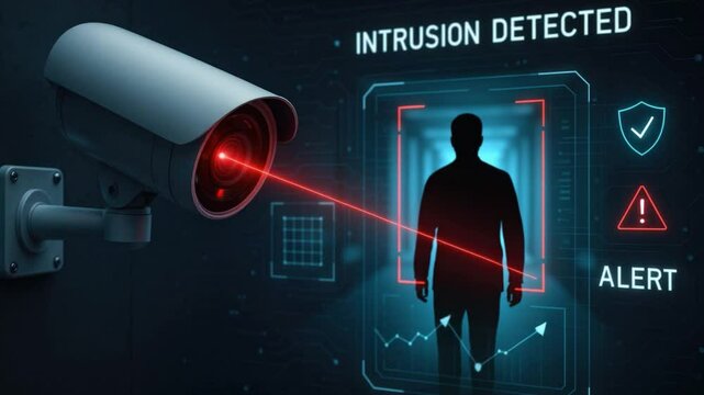 Surveillance camera monitoring with red alert signal indicating intrusion detection against a digital interface