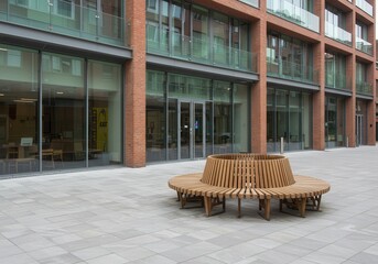 Modern Circular Wooden Bench Outdoor Urban Brick Building City Park Grey Space Relax Brown Stone