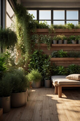 Modern home with indoor vertical garden on the wall, warm light