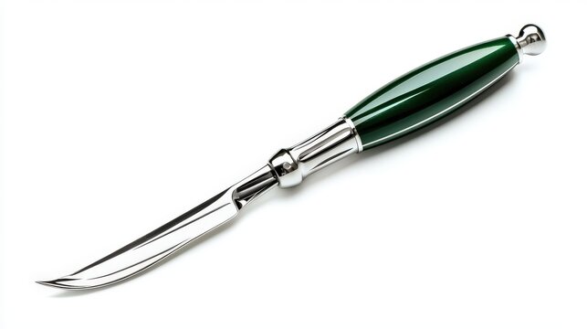 A letter opener with a sleek silver blade and a polished dark green handle rests gracefully on a crisp white background, showcasing elegance and functionality.