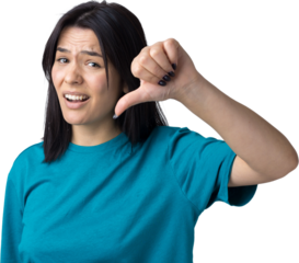 Young brunette in a blue tank top giving thumb down gesture looking with negative expression
