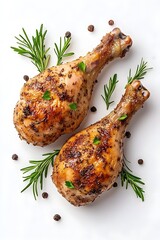 Two roasted chicken drumsticks, seasoned, garnished with rosemary and peppercorns