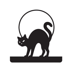 Black Cat Arching Under Full Moon Silhouette, Smooth Minimal Halloween Icon Vector