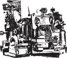 A weathered industrial engine rests on a dark surface.
