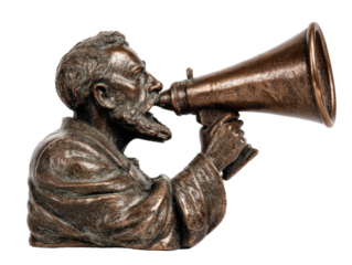 Bronze sculpture of a man shouting into a megaphone, cut out
