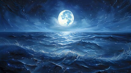 Vast ocean at night, illuminated by a luminous moon.  Stars shimmer in a cloudy sky above