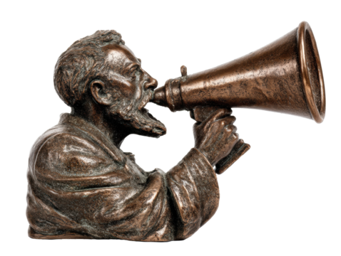 Bronze sculpture of a man shouting into a megaphone, cut out