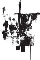 A fragmented textured black and white abstract composition features vertical lines and layered shapes.