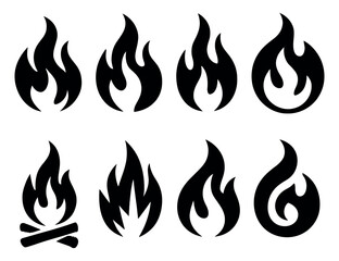 Black Flame Icon Set Fire Symbol Burn Heat Campfire Silhouette Design