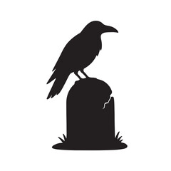Raven on Broken Tombstone Silhouette, Smooth Gothic Halloween Scene Vector