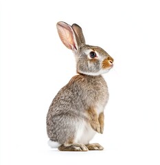 Obraz premium Cute gray rabbit standing upright against white background. Small, alert, and fluffy