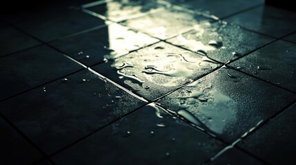 Wet tiled floor reflecting light, showing water droplets and puddles.
