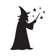 Wizard Casting Spell with Stars Silhouette, Smooth Magic Fantasy Icon Vector