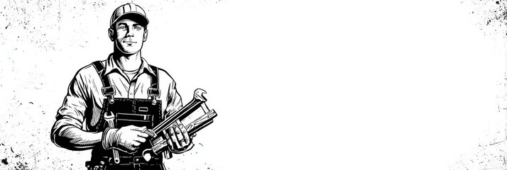 Classic Monochrome Outline of a Handyman Holding Tools Prepares for Work in a Workshop Setting During Daylight Hours Generative AI