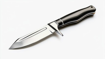 Fototapeta premium A gleaming hunting knife with a , reflective blade and dark handle rests diagonally on a clean white surface, showcasing its sleek design and craftsmanship.