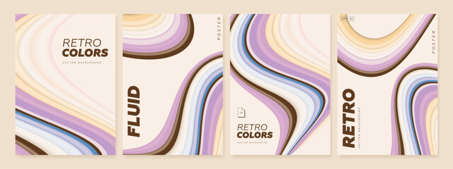 Abstract modern poster background set. Minimalist fluid cover template with colorful vibrant perspective wavy shape in motion. Useful for social media, flyer, invitation, music. Vector illustration