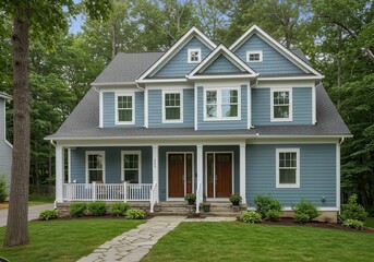 Beautiful Blue Suburban House Exterior Home Design Real Estate Property Roof Yard Gray Doors Stone