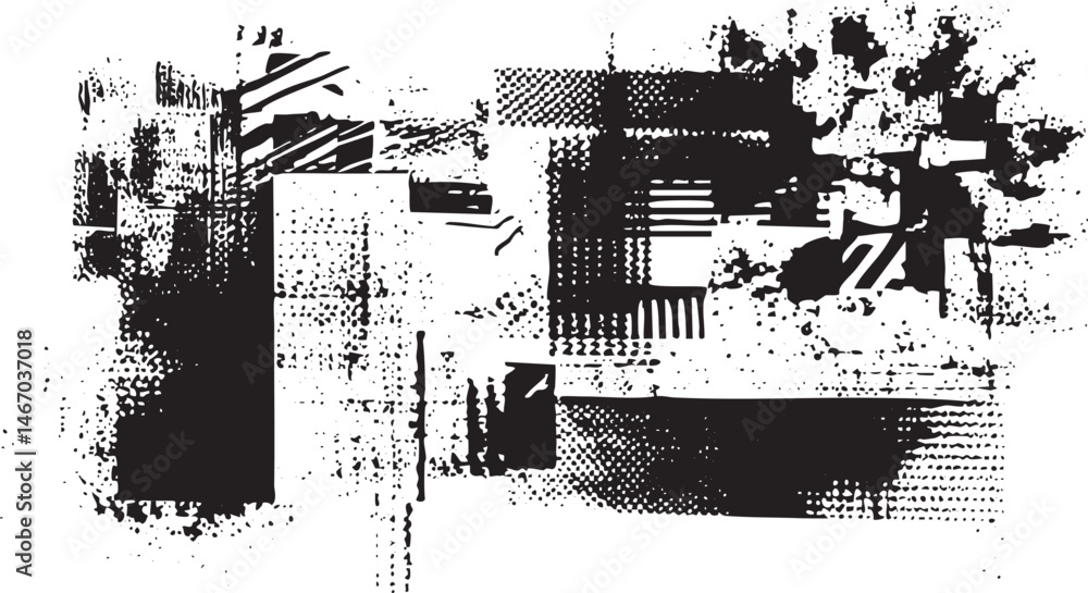 Poster abstract black and white shapes overlap creating a textured composition.
