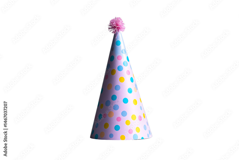 Poster pastel cone hat with multicolored dots and a pink pom-pom on the top, isolated on a transparent back