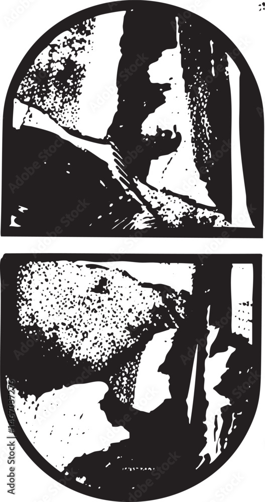 Poster two silhouetted figures stand side-by-side within circular frames suggesting duality and introspecti