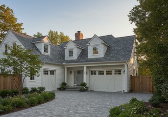 Beautiful Suburban Home Exterior White House Gray Roof Landscaping Brick Stone Doors Trees Design