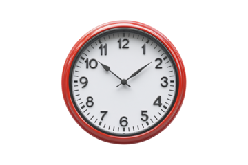 Red-framed wall clock with black numbers, white face, isolated on a transparent background