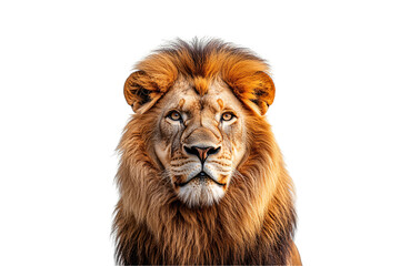 Obraz premium Regal male lion stares ahead, golden mane full and commanding, embodying power, wisdom, and dominance, isolated on a transparent background