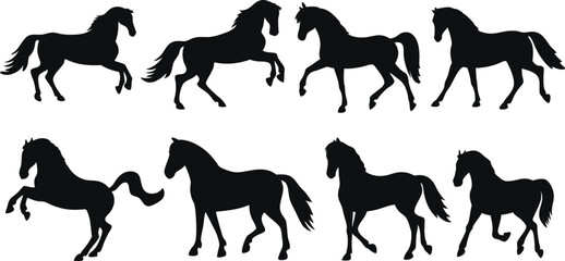 Multiple Horse Silhouettes in Dynamic Poses – Galloping, Rearing, Jumping – Black Vector Art on Transparent Background for Logo, Wall Art, Design