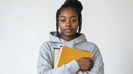 Obraz premium Portrait of Young African Woman Holding Books in Gray Hoodie