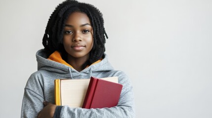 Black Young Woman Holding Books in a Hoodie Smiling Indoors
