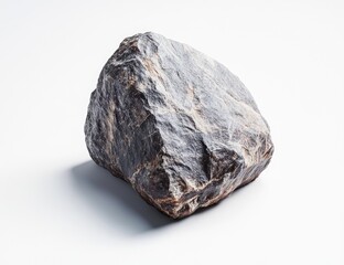 Obraz premium Gray rock with uneven texture. A substantial, irregular shaped stone, dark gray with lighter veining, sits on a white background. Its surface is rough and detailed